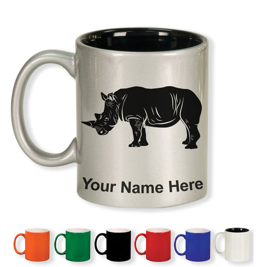 11oz Round Ceramic Coffee Mug, Rhinoceros, Personalized Engraving Included