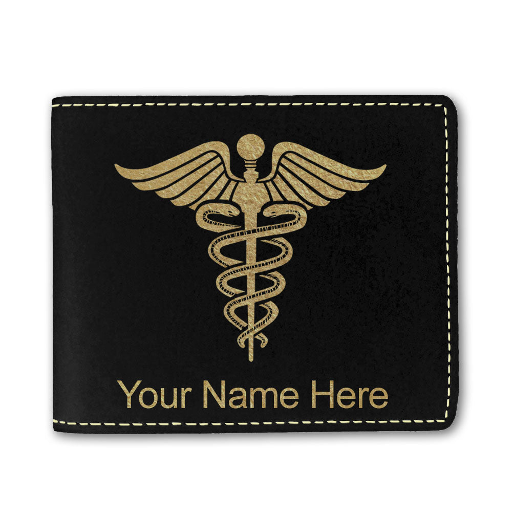 Faux Leather Bi-Fold Wallet, Caduceus Medical Symbol, Personalized Engraving Included
