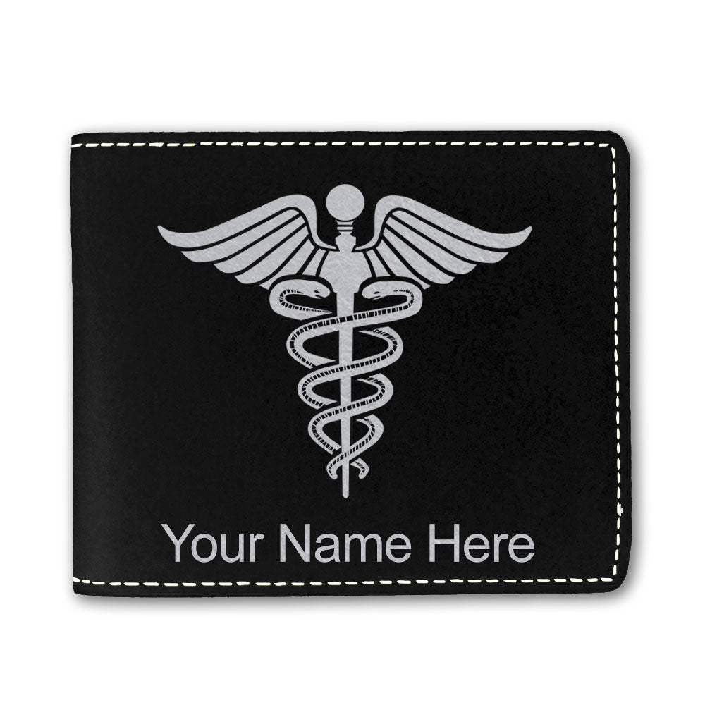 Faux Leather Bi-Fold Wallet, Caduceus Medical Symbol, Personalized Engraving Included