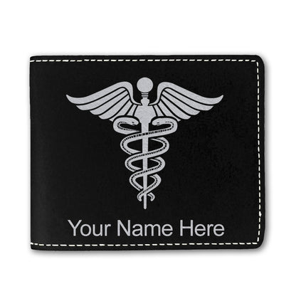 Faux Leather Bi-Fold Wallet, Caduceus Medical Symbol, Personalized Engraving Included