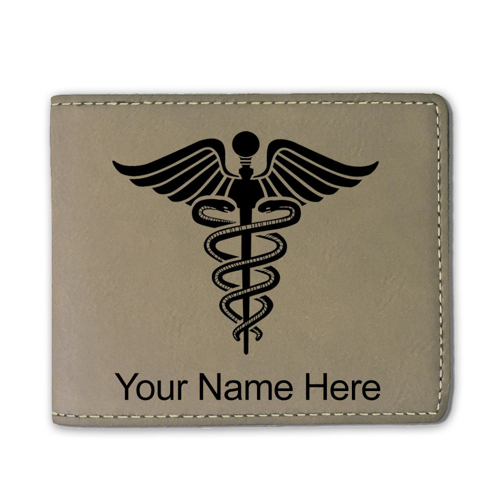 Faux Leather Bi-Fold Wallet, Caduceus Medical Symbol, Personalized Engraving Included
