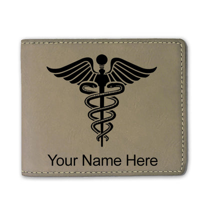 Faux Leather Bi-Fold Wallet, Caduceus Medical Symbol, Personalized Engraving Included