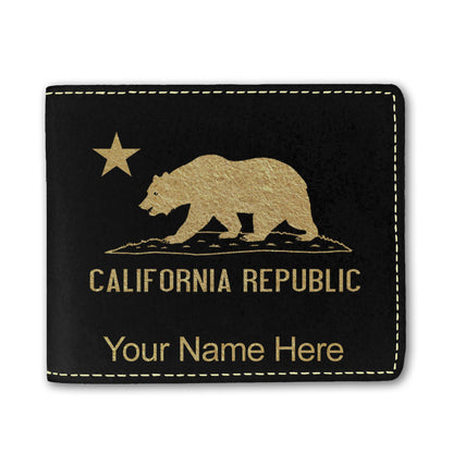 Faux Leather Bi-Fold Wallet, California Republic Bear Flag, Personalized Engraving Included