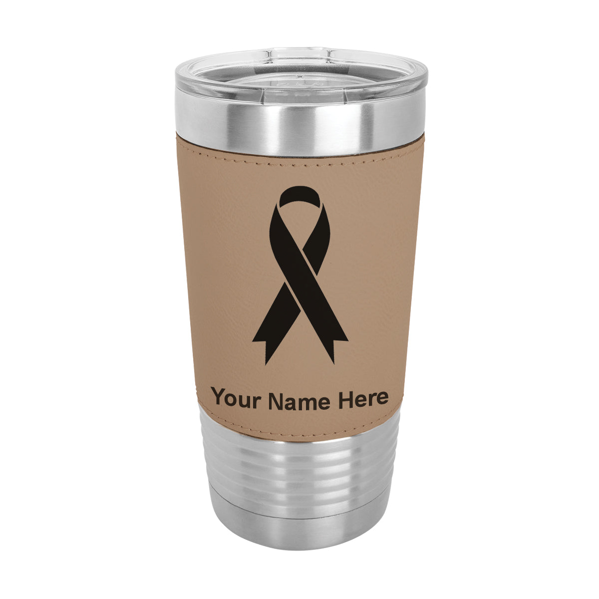 20oz Faux Leather Tumbler Mug, Cancer Awareness Ribbon, Personalized Engraving Included - LaserGram Custom Engraved Gifts