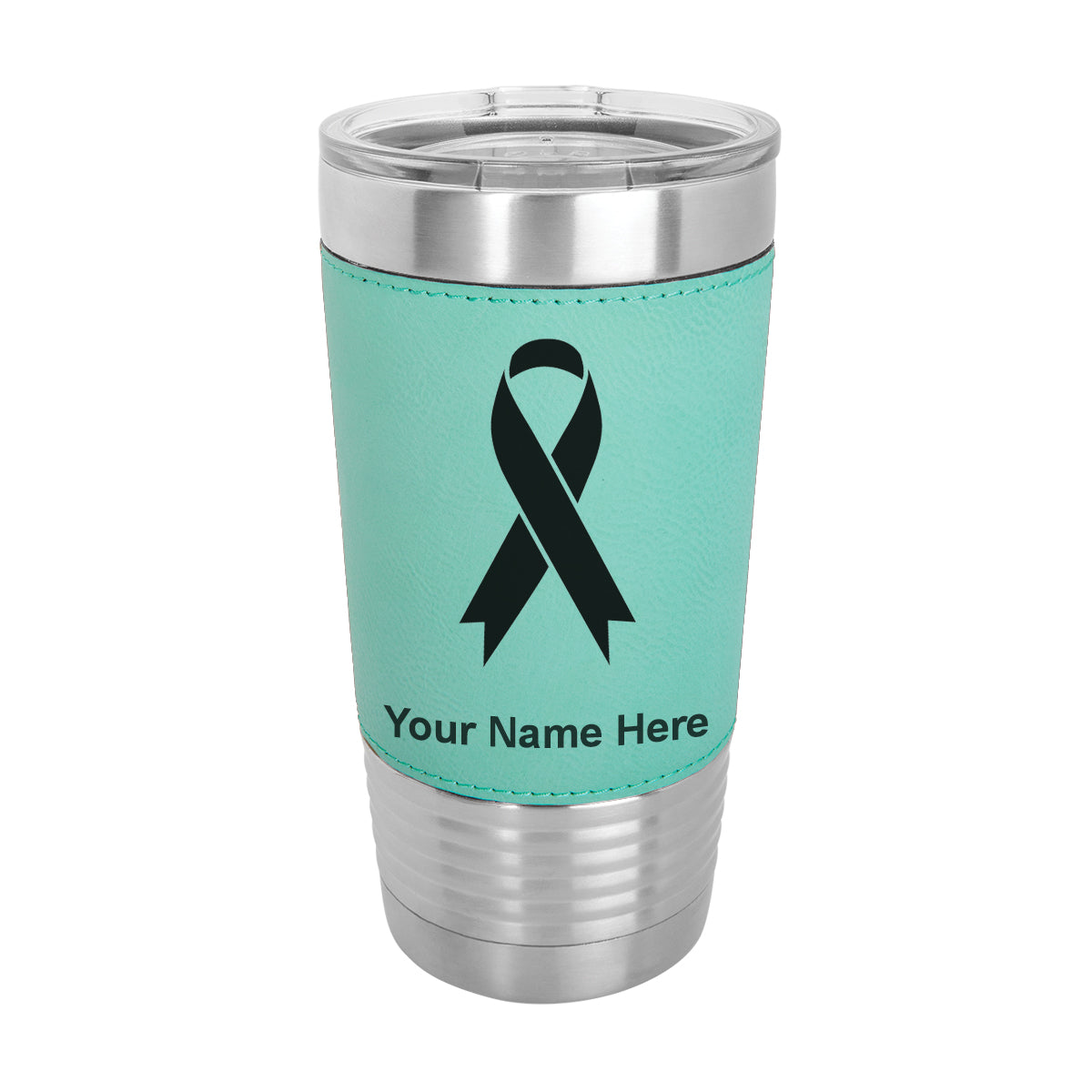 20oz Faux Leather Tumbler Mug, Cancer Awareness Ribbon, Personalized Engraving Included - LaserGram Custom Engraved Gifts