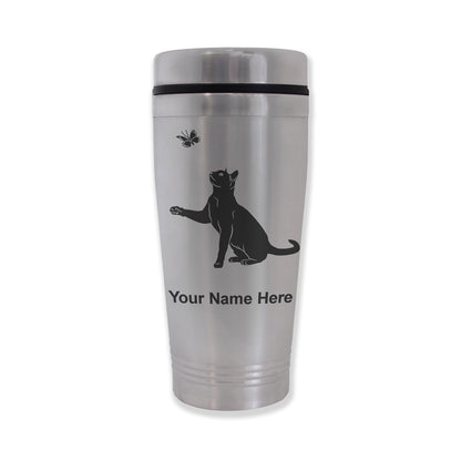 Commuter Travel Mug, Cat with Butterfly, Personalized Engraving Included