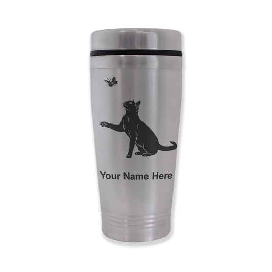 Commuter Travel Mug, Cat with Butterfly, Personalized Engraving Included