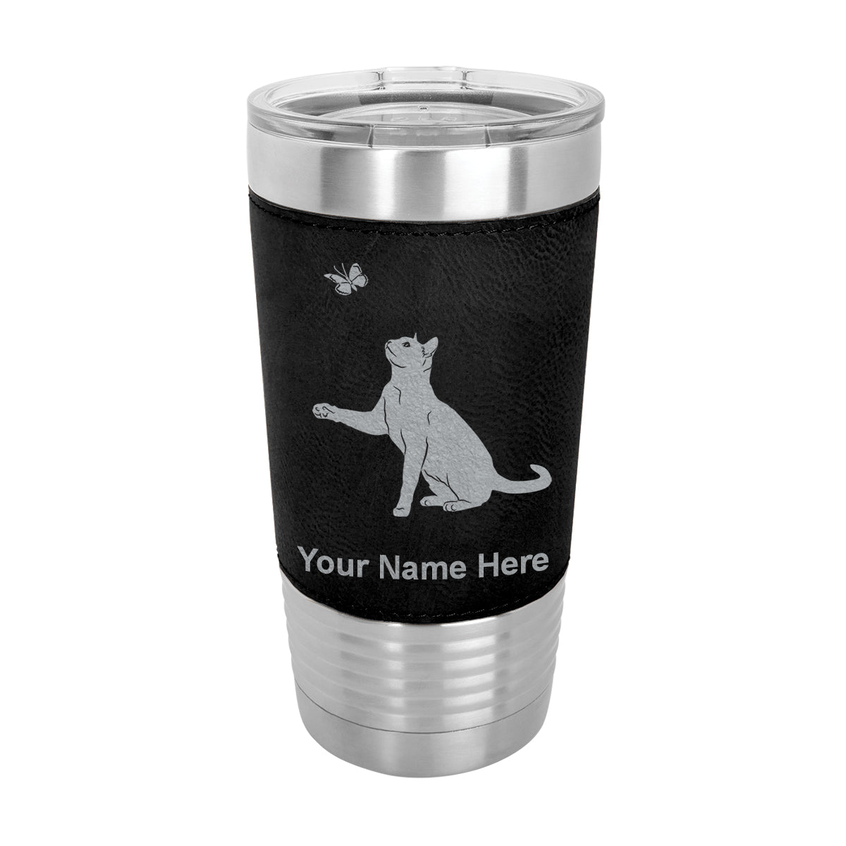 20oz Faux Leather Tumbler Mug, Cat with Butterfly, Personalized Engraving Included - LaserGram Custom Engraved Gifts