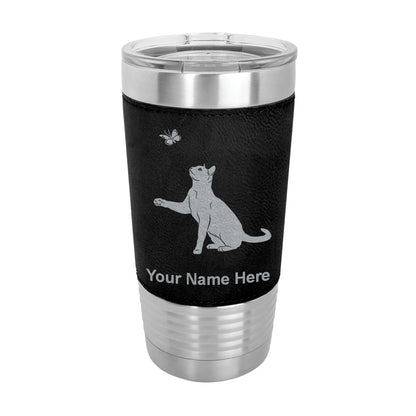 20oz Faux Leather Tumbler Mug, Cat with Butterfly, Personalized Engraving Included - LaserGram Custom Engraved Gifts