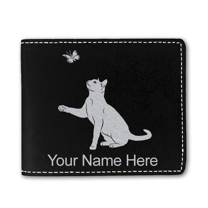 Faux Leather Bi-Fold Wallet, Cat with Butterfly, Personalized Engraving Included