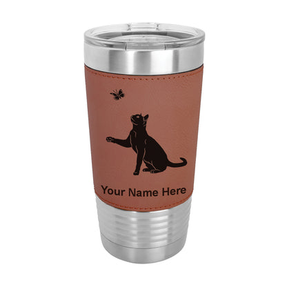 20oz Faux Leather Tumbler Mug, Cat with Butterfly, Personalized Engraving Included - LaserGram Custom Engraved Gifts