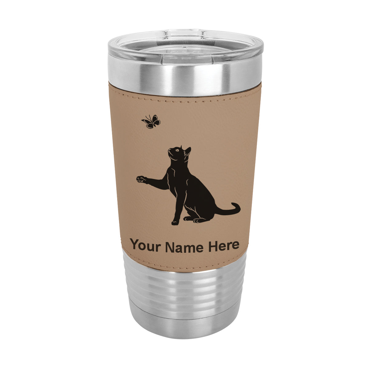 20oz Faux Leather Tumbler Mug, Cat with Butterfly, Personalized Engraving Included - LaserGram Custom Engraved Gifts