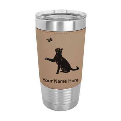 20oz Faux Leather Tumbler Mug, Cat with Butterfly, Personalized Engraving Included - LaserGram Custom Engraved Gifts