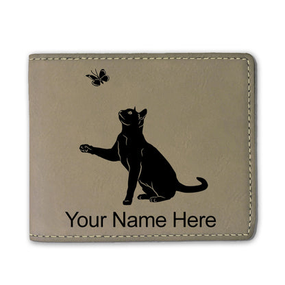 Faux Leather Bi-Fold Wallet, Cat with Butterfly, Personalized Engraving Included