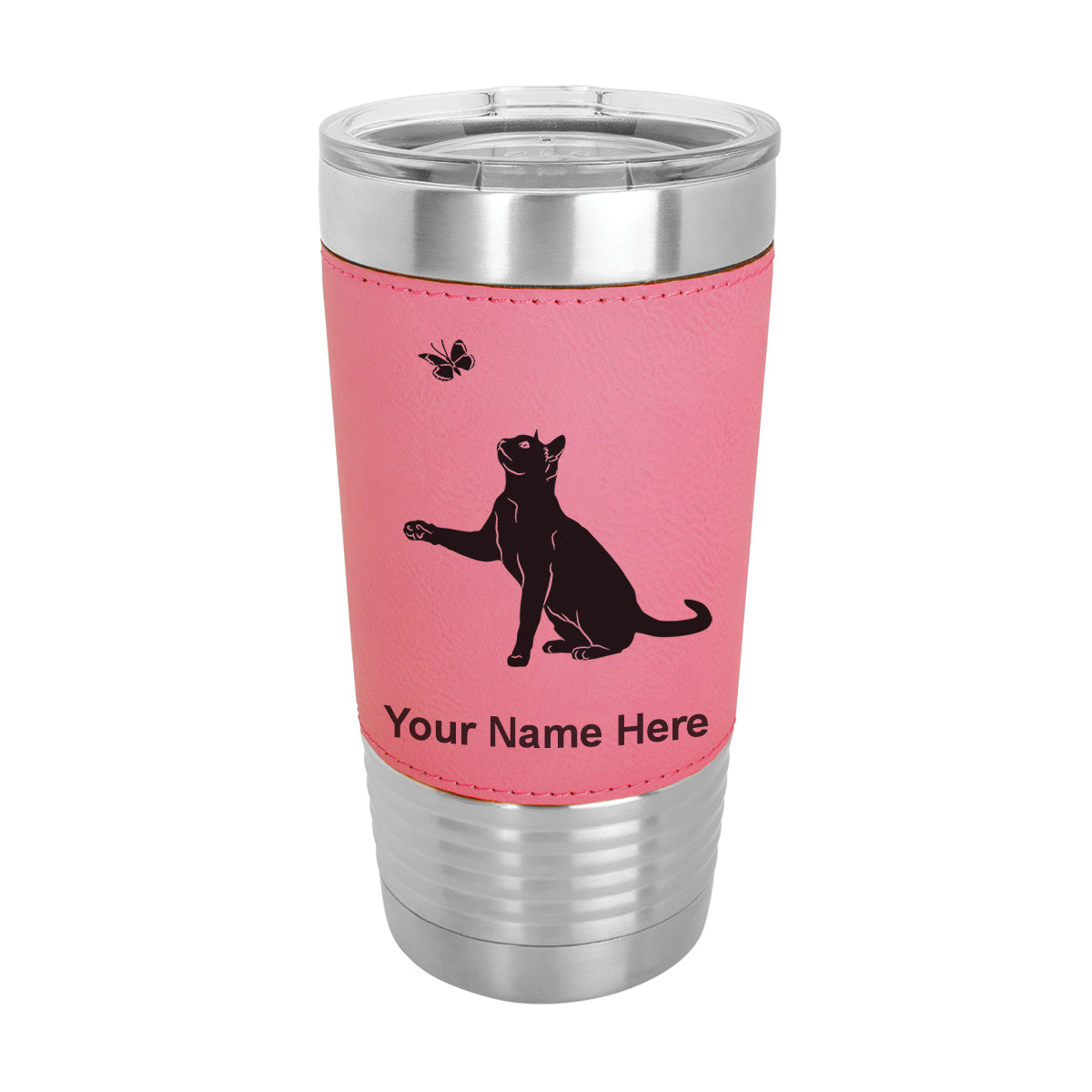 20oz Faux Leather Tumbler Mug, Cat with Butterfly, Personalized Engraving Included - LaserGram Custom Engraved Gifts