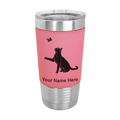 20oz Faux Leather Tumbler Mug, Cat with Butterfly, Personalized Engraving Included - LaserGram Custom Engraved Gifts