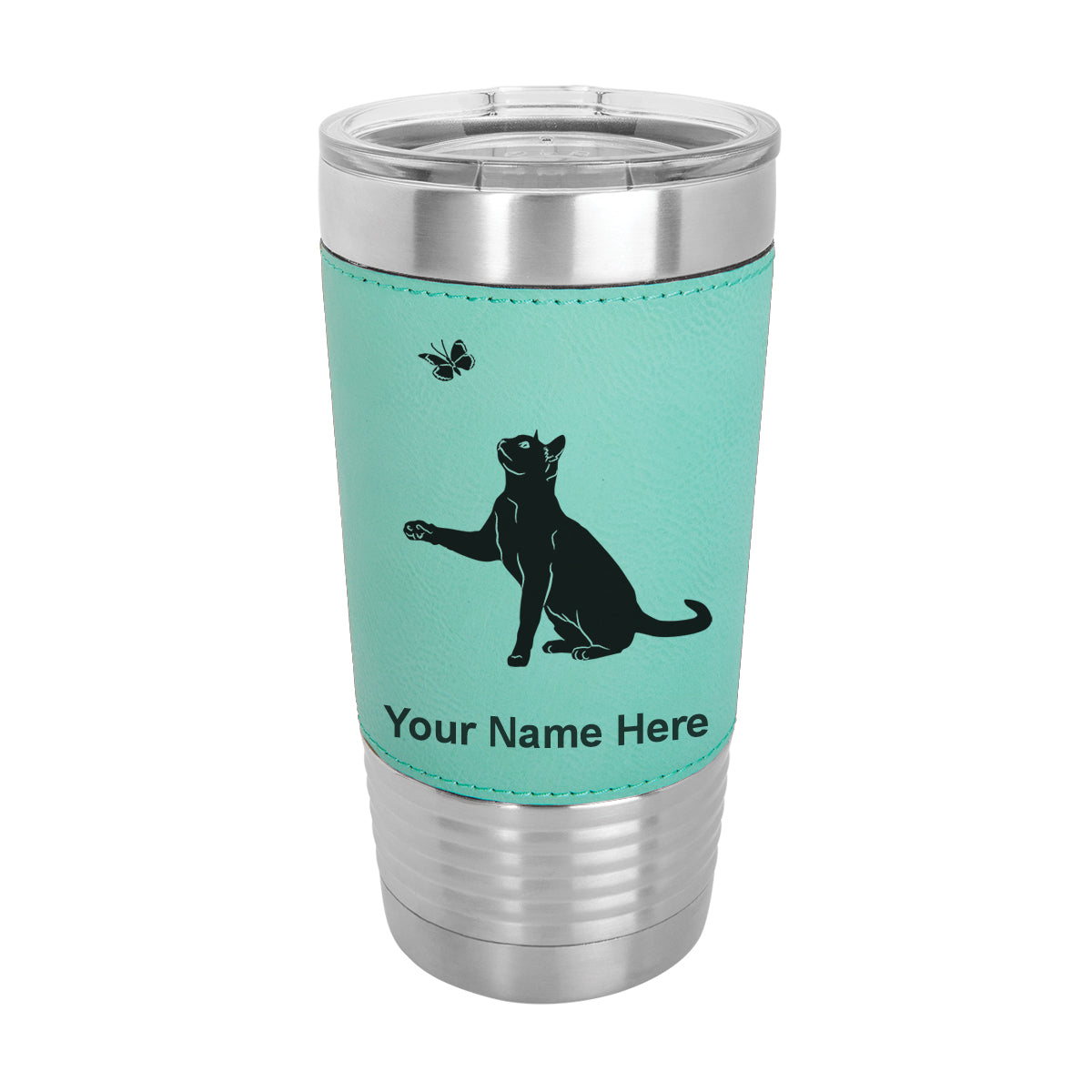 20oz Faux Leather Tumbler Mug, Cat with Butterfly, Personalized Engraving Included - LaserGram Custom Engraved Gifts