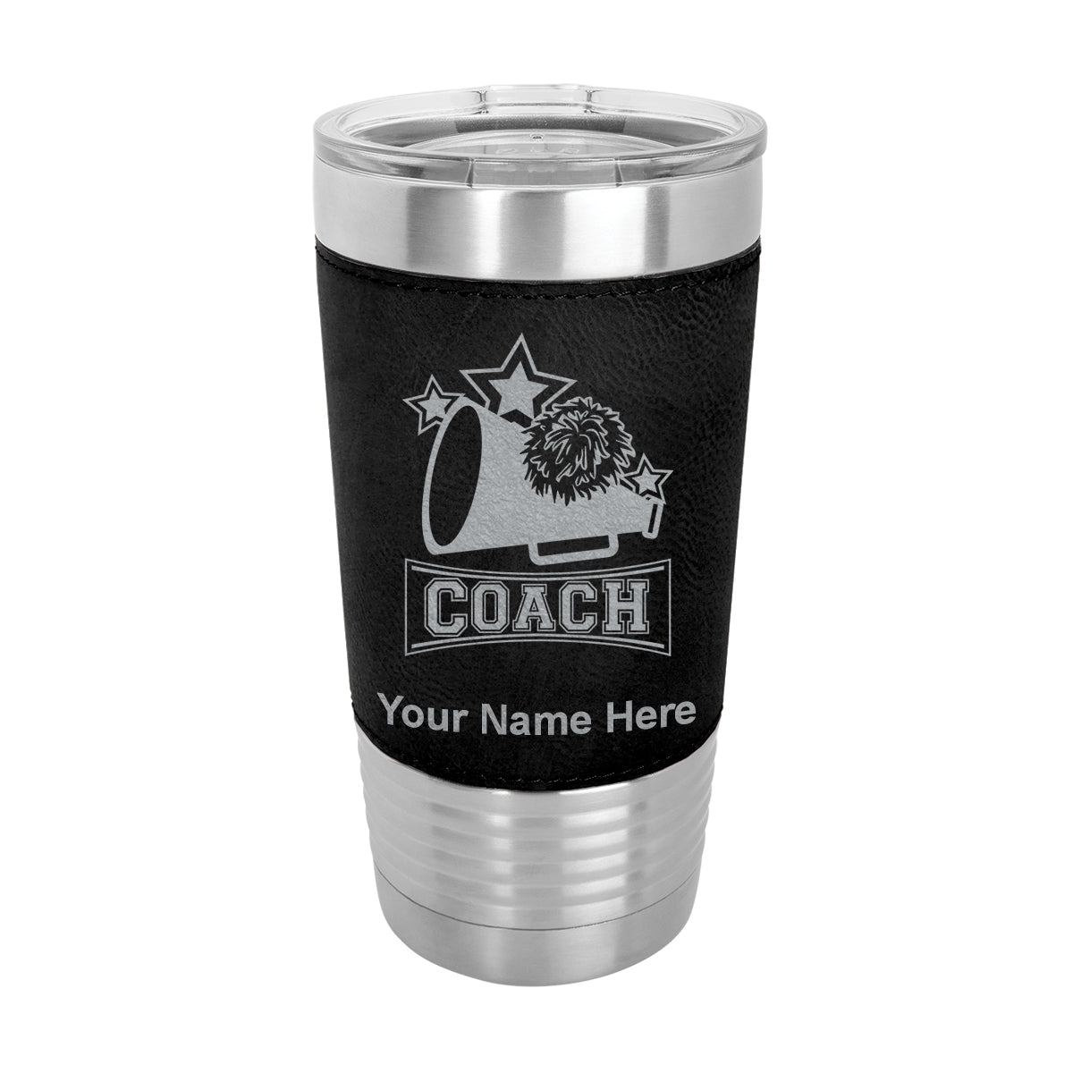 20oz Faux Leather Tumbler Mug, Cheerleading Coach, Personalized Engraving Included - LaserGram Custom Engraved Gifts