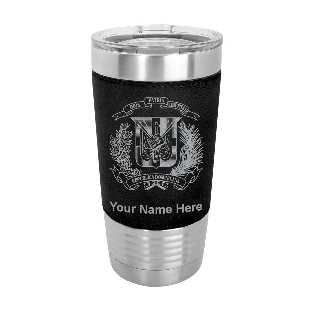20oz Faux Leather Tumbler Mug, Coat of Arms Dominican Republic, Personalized Engraving Included - LaserGram Custom Engraved Gifts
