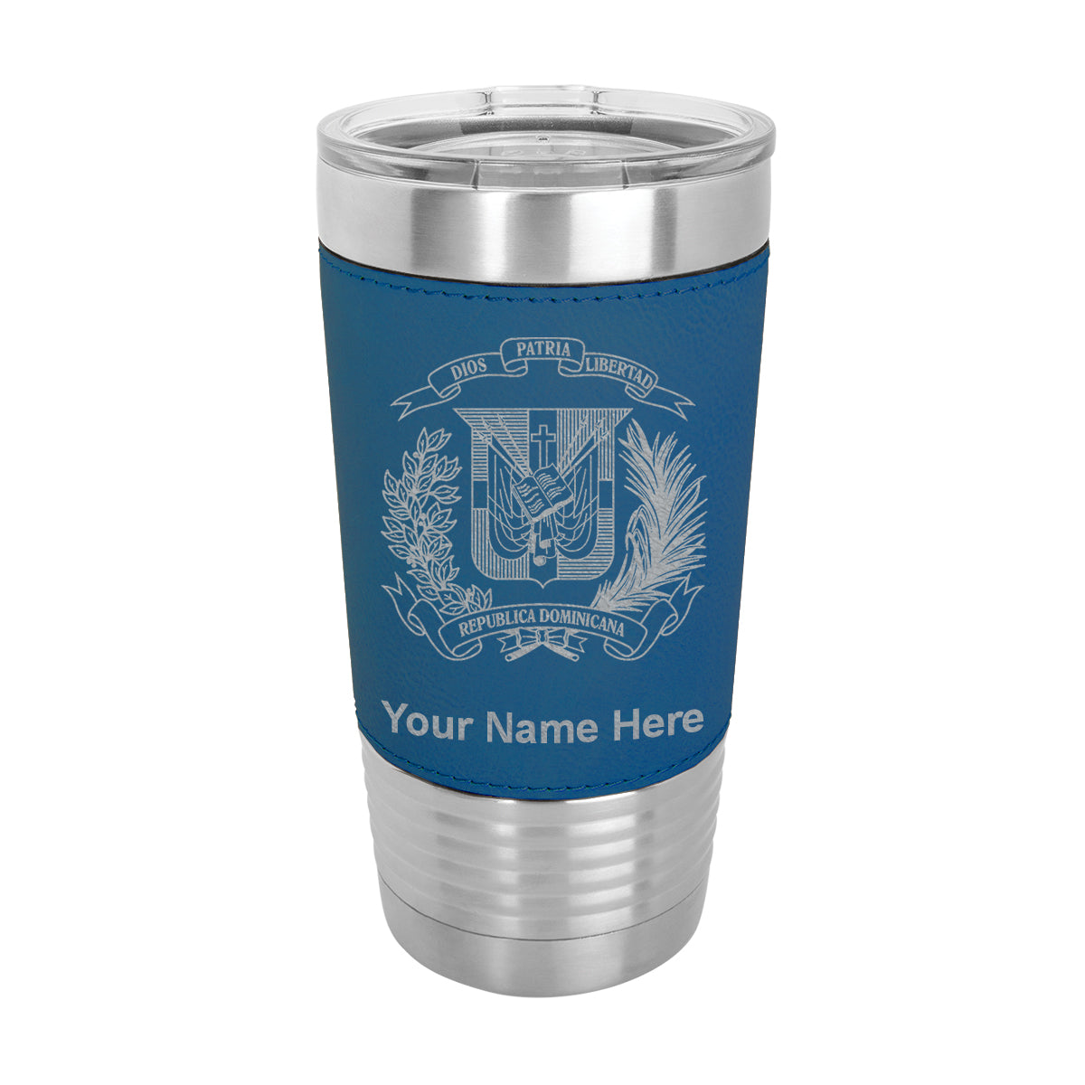 20oz Faux Leather Tumbler Mug, Coat of Arms Dominican Republic, Personalized Engraving Included - LaserGram Custom Engraved Gifts
