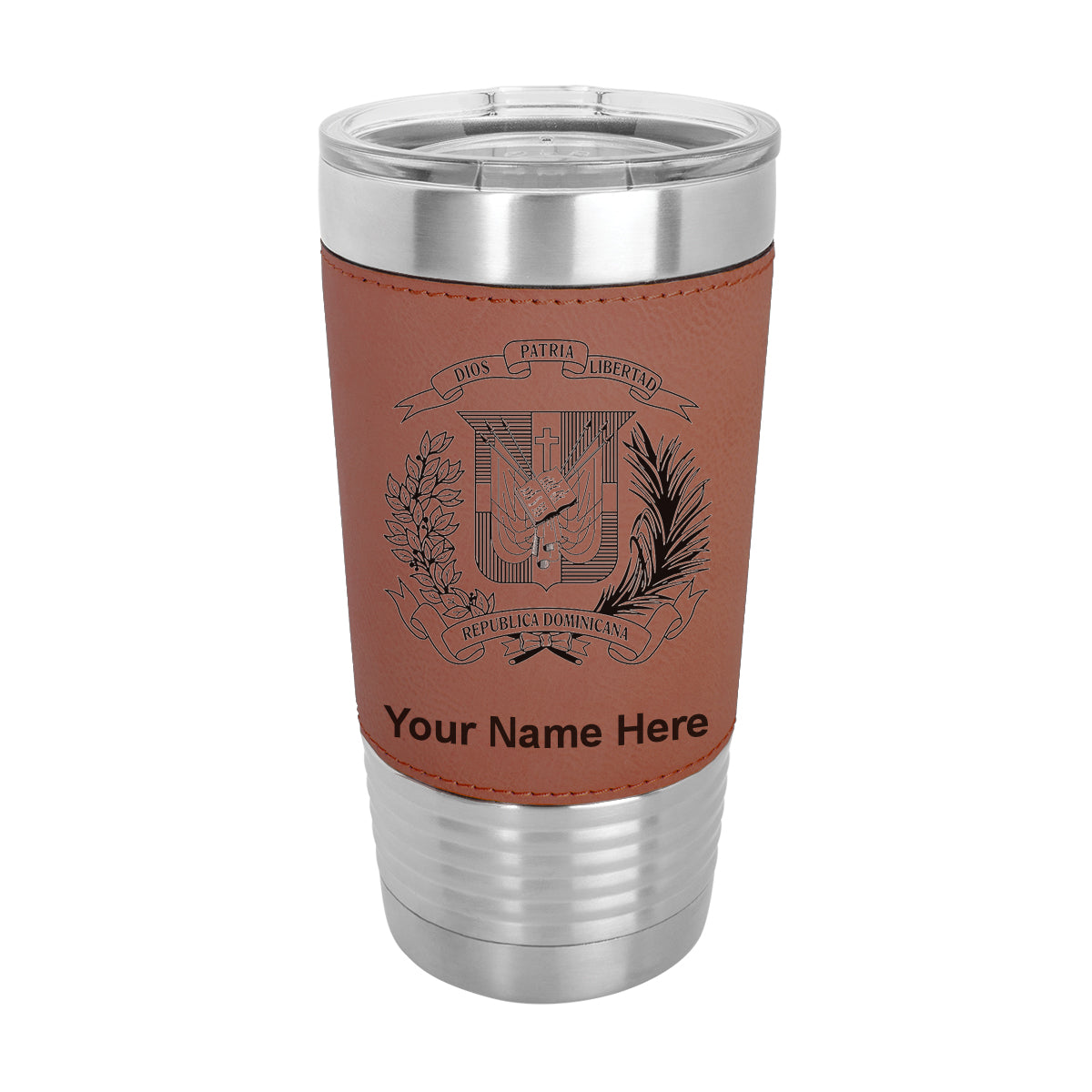 20oz Faux Leather Tumbler Mug, Coat of Arms Dominican Republic, Personalized Engraving Included - LaserGram Custom Engraved Gifts
