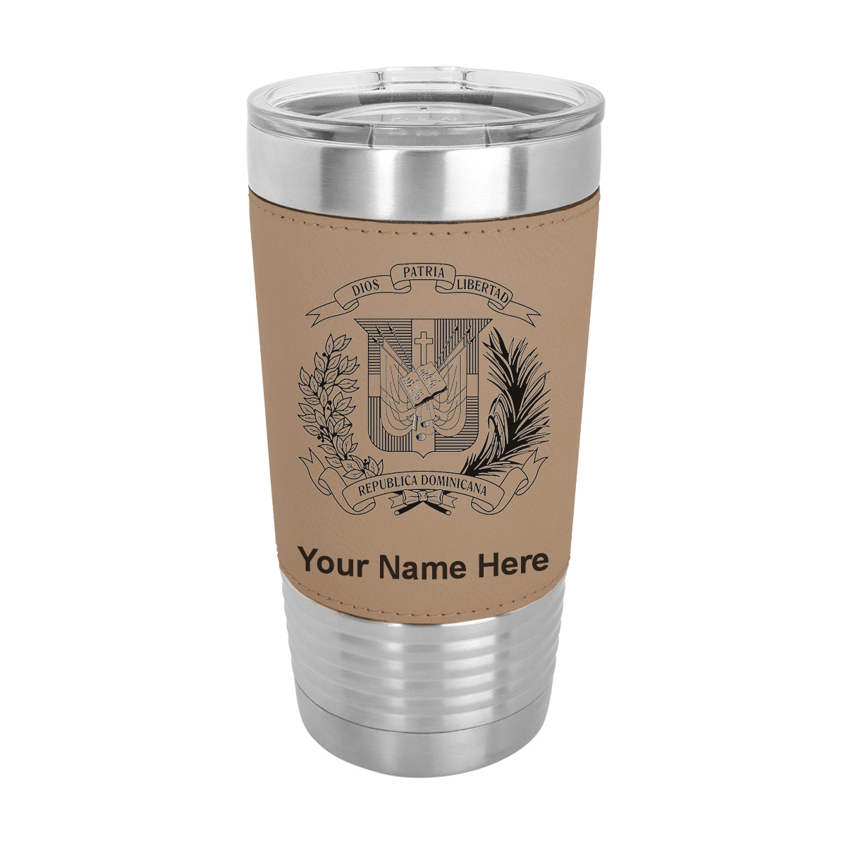 20oz Faux Leather Tumbler Mug, Coat of Arms Dominican Republic, Personalized Engraving Included - LaserGram Custom Engraved Gifts