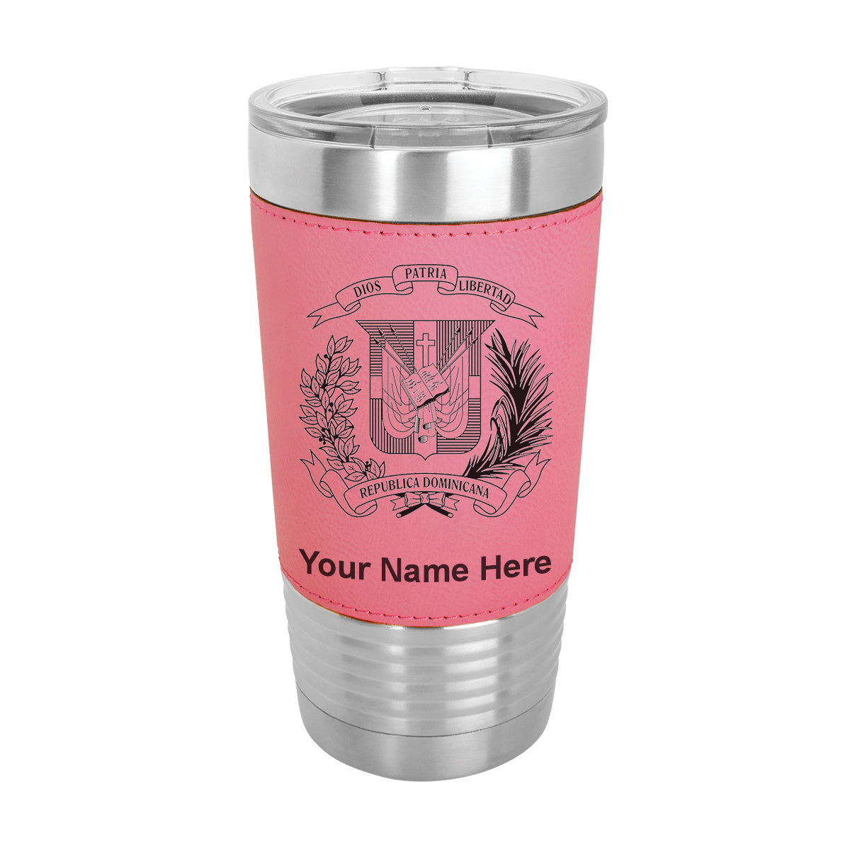 20oz Faux Leather Tumbler Mug, Coat of Arms Dominican Republic, Personalized Engraving Included - LaserGram Custom Engraved Gifts