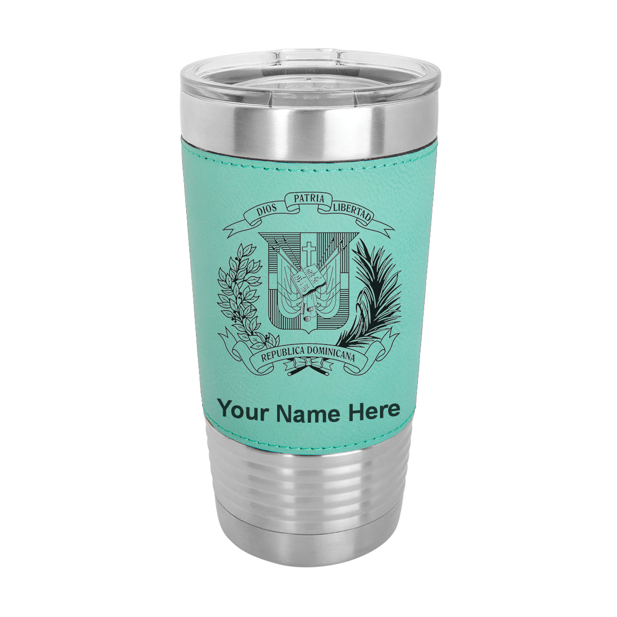 20oz Faux Leather Tumbler Mug, Coat of Arms Dominican Republic, Personalized Engraving Included - LaserGram Custom Engraved Gifts