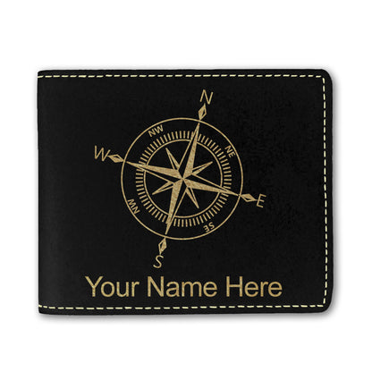 Faux Leather Bi-Fold Wallet, Compass Rose, Personalized Engraving Included