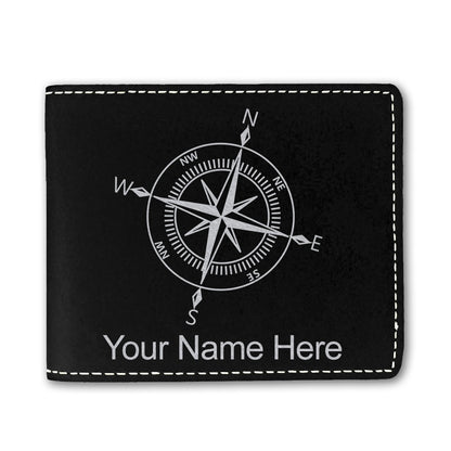 Faux Leather Bi-Fold Wallet, Compass Rose, Personalized Engraving Included