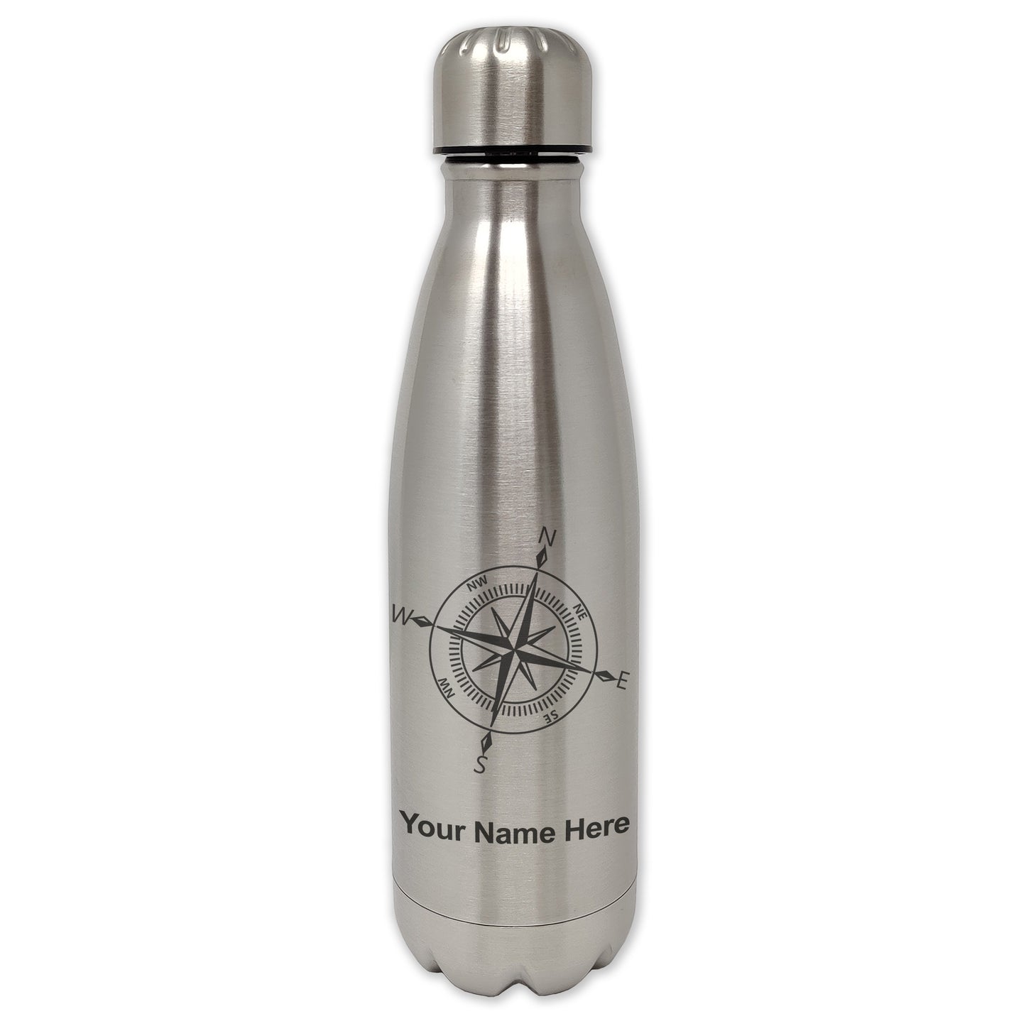 LaserGram Single Wall Water Bottle, Compass Rose, Personalized Engraving Included