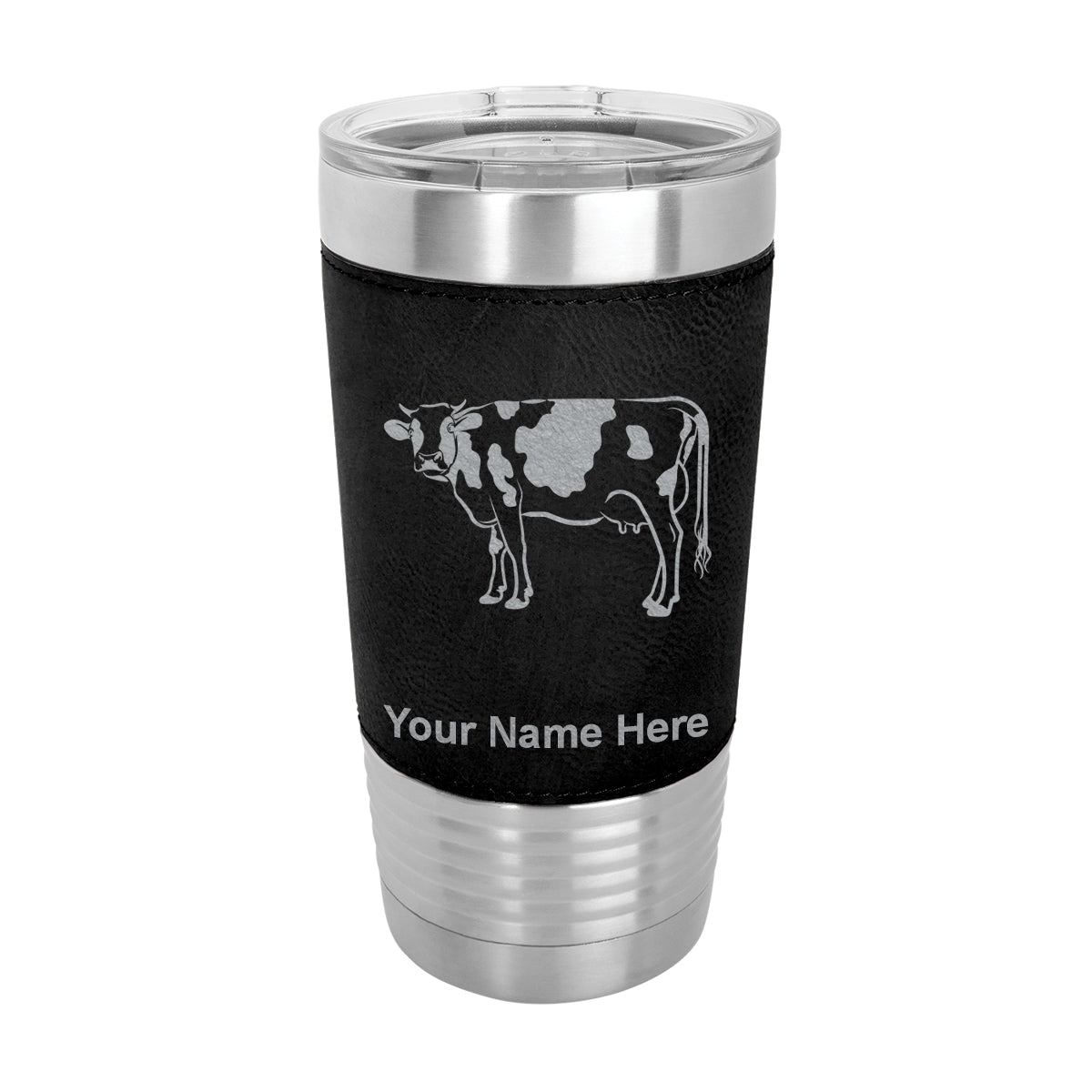 20oz Faux Leather Tumbler Mug, Cow, Personalized Engraving Included - LaserGram Custom Engraved Gifts
