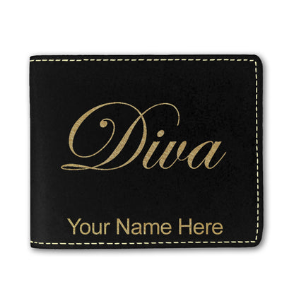 Faux Leather Bi-Fold Wallet, Diva, Personalized Engraving Included