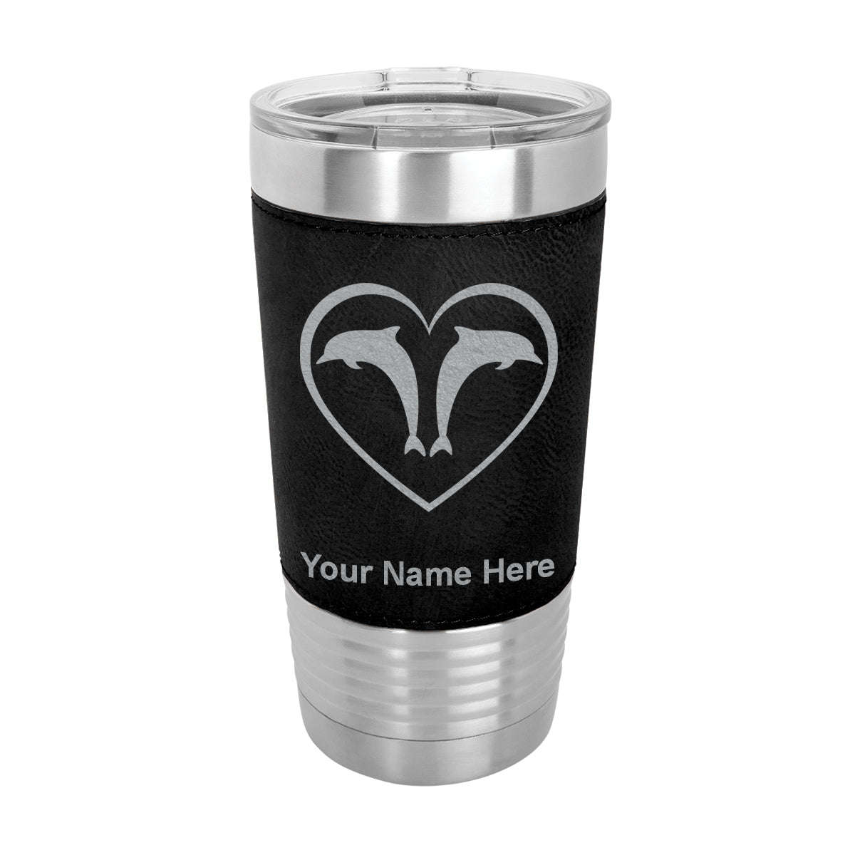 20oz Faux Leather Tumbler Mug, Dolphin Heart, Personalized Engraving Included - LaserGram Custom Engraved Gifts