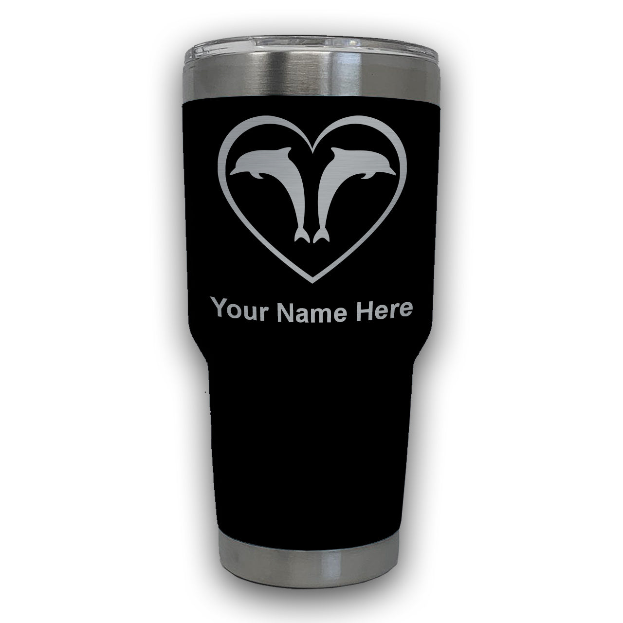 LaserGram 30oz Tumbler Mug, Dolphin Heart, Personalized Engraving Included