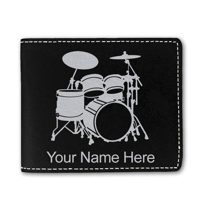 Faux Leather Bi-Fold Wallet, Drum Set, Personalized Engraving Included