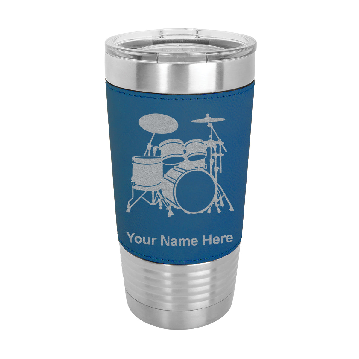 20oz Faux Leather Tumbler Mug, Drum Set, Personalized Engraving Included - LaserGram Custom Engraved Gifts