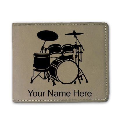 Faux Leather Bi-Fold Wallet, Drum Set, Personalized Engraving Included