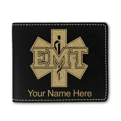 Faux Leather Bi-Fold Wallet, EMT Emergency Medical Technician, Personalized Engraving Included