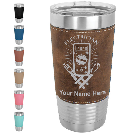 20oz Faux Leather Tumbler Mug, Electrician, Personalized Engraving Included - LaserGram Custom Engraved Gifts