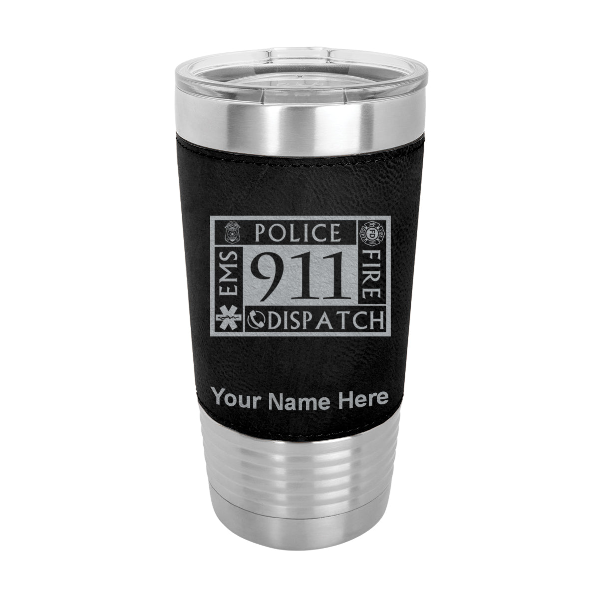 20oz Faux Leather Tumbler Mug, Emergency Dispatcher 911, Personalized Engraving Included - LaserGram Custom Engraved Gifts