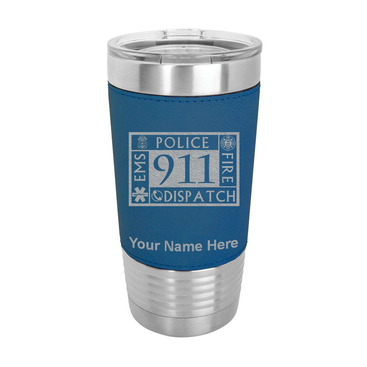 20oz Faux Leather Tumbler Mug, Emergency Dispatcher 911, Personalized Engraving Included - LaserGram Custom Engraved Gifts