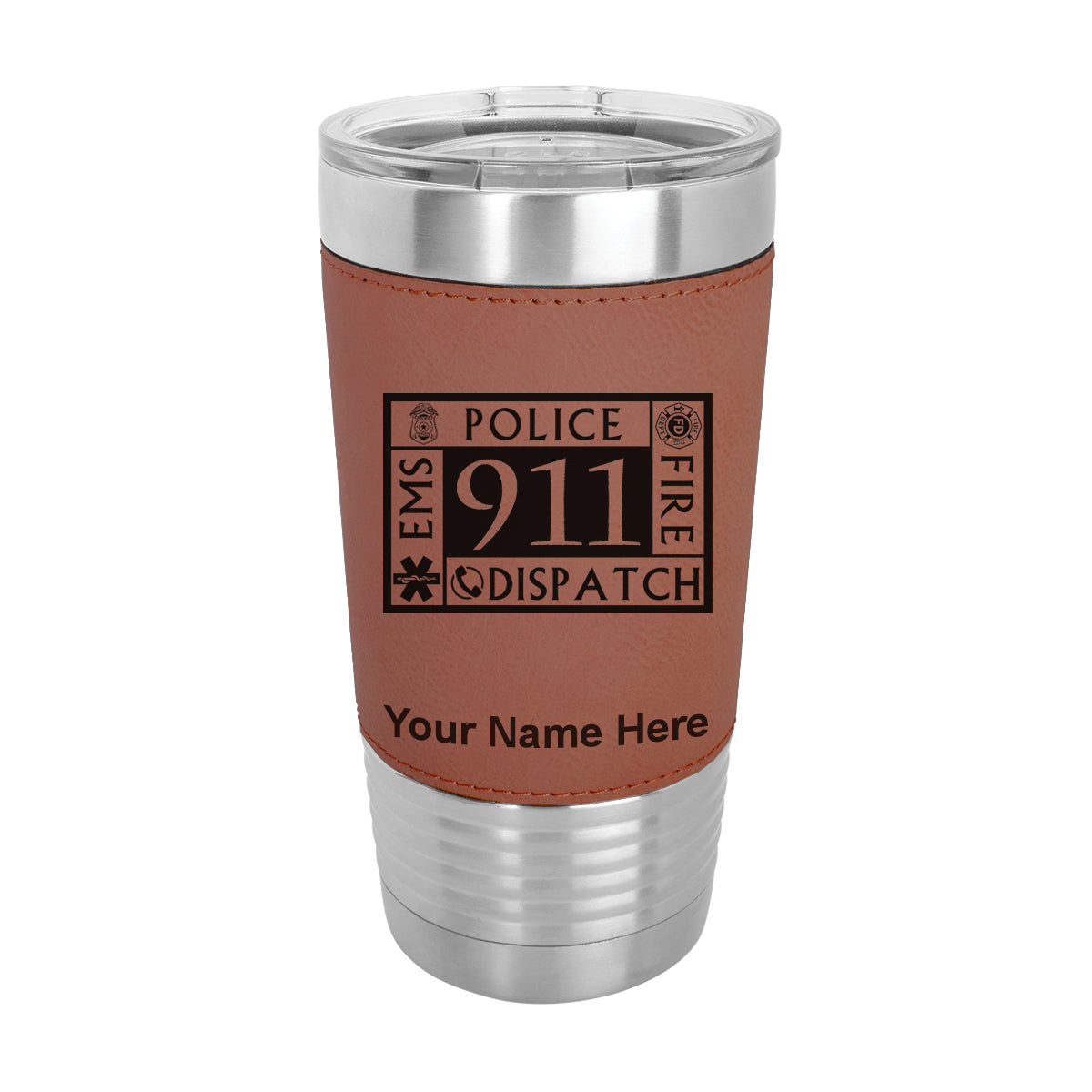 20oz Faux Leather Tumbler Mug, Emergency Dispatcher 911, Personalized Engraving Included - LaserGram Custom Engraved Gifts