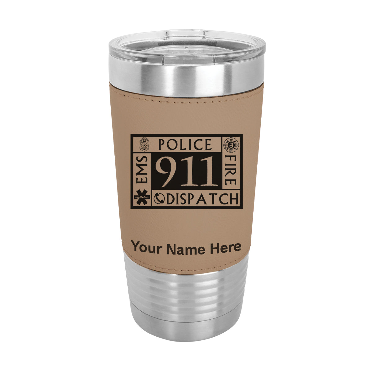 20oz Faux Leather Tumbler Mug, Emergency Dispatcher 911, Personalized Engraving Included - LaserGram Custom Engraved Gifts