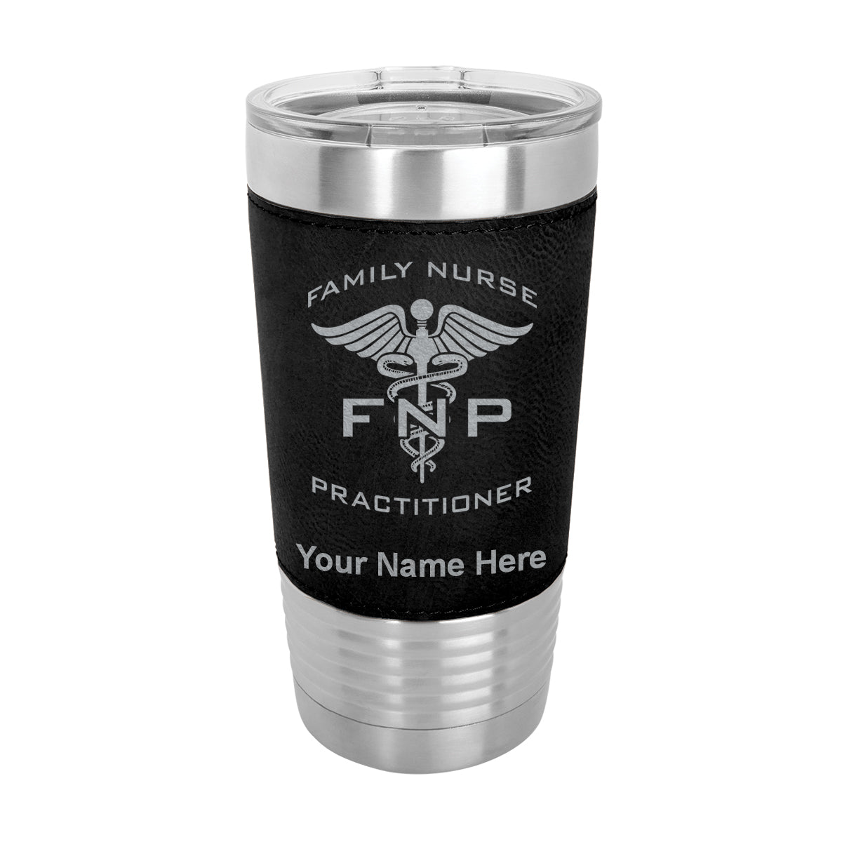 20oz Faux Leather Tumbler Mug, FNP Family Nurse Practitioner, Personalized Engraving Included - LaserGram Custom Engraved Gifts