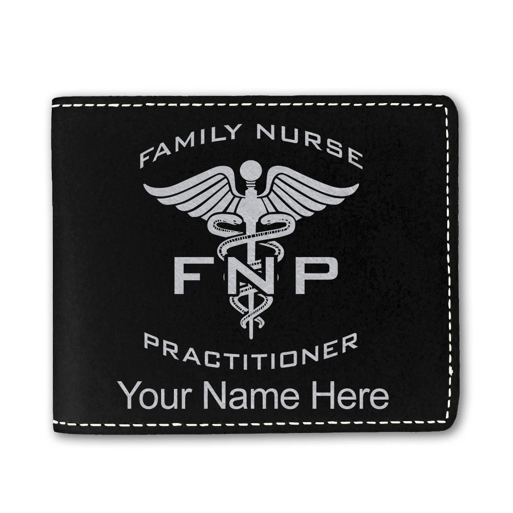 Faux Leather Bi-Fold Wallet, FNP Family Nurse Practitioner, Personalized Engraving Included