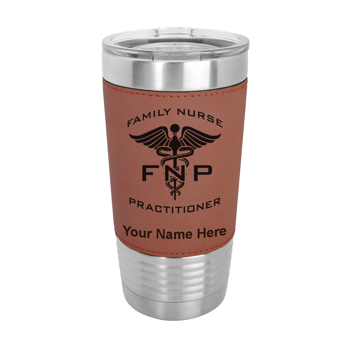 20oz Faux Leather Tumbler Mug, FNP Family Nurse Practitioner, Personalized Engraving Included - LaserGram Custom Engraved Gifts