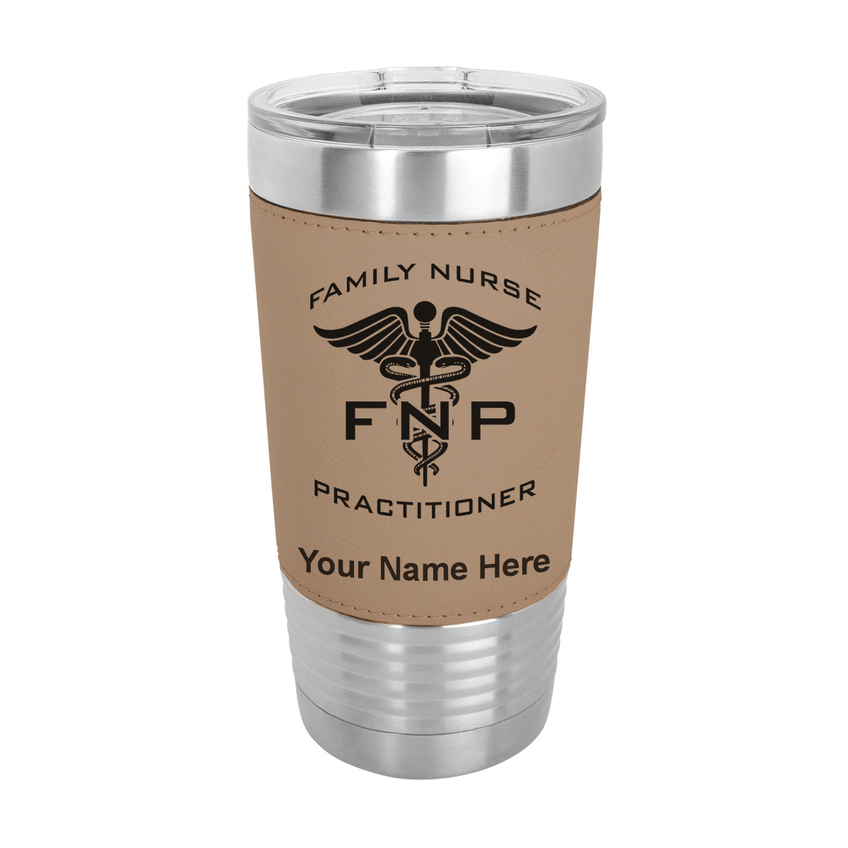 20oz Faux Leather Tumbler Mug, FNP Family Nurse Practitioner, Personalized Engraving Included - LaserGram Custom Engraved Gifts
