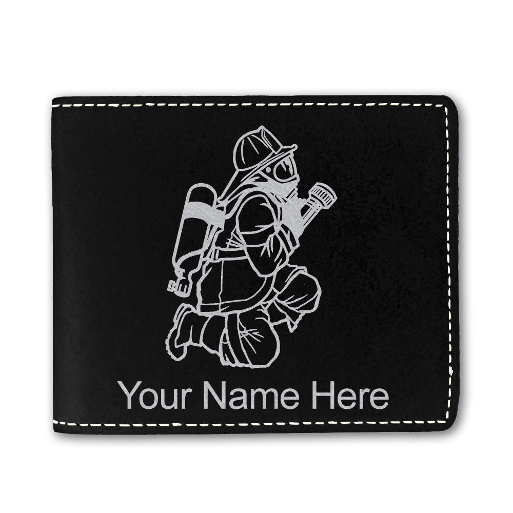 Faux Leather Bi-Fold Wallet, Fireman with Hose, Personalized Engraving Included