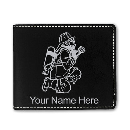 Faux Leather Bi-Fold Wallet, Fireman with Hose, Personalized Engraving Included